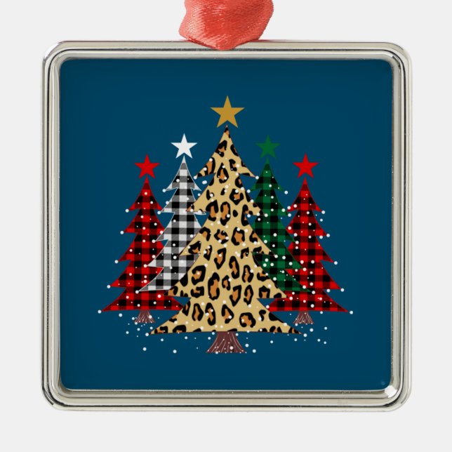 Frohe Weihnachtsbäume mit Buffalo Kariert & Leopar Ornament Aus Metall (Vorne)