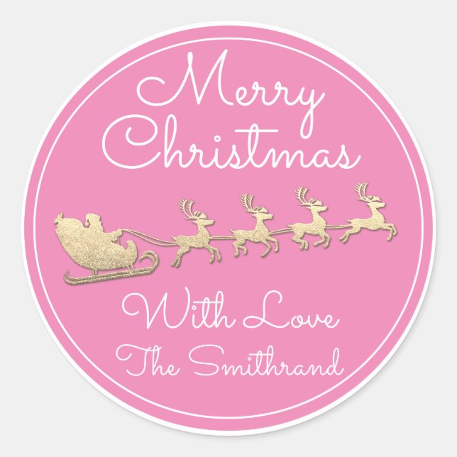 Frohe Weihnachtsbaume Name Santa Sleigh Deer Pink Runder Aufkleber (Vorderseite)