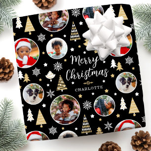 Frohe Weihnachtsbäume Schneeflocken Foto Schwarz Geschenkpapier