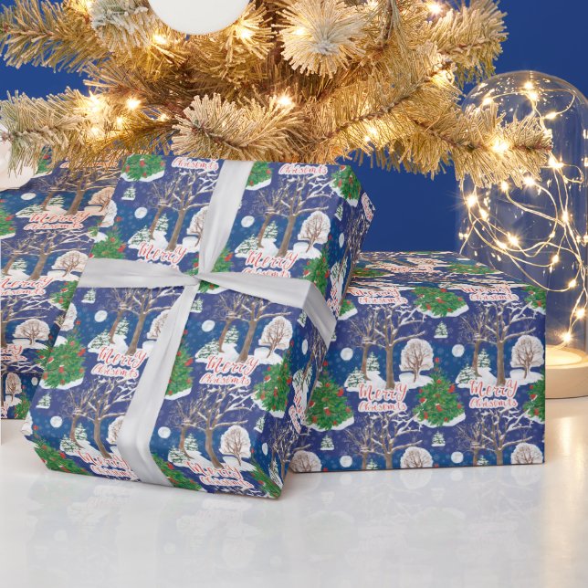 Frohe Weihnachtsbäume und Mond Geschenkpapier (Feiertage)
