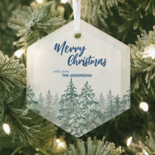 Frohe Weihnachtsbäume Wald Aquarellschrift Ornament Aus Glas