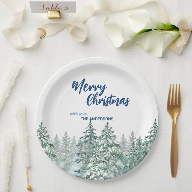Frohe Weihnachtsbäume Wald Aquarellschrift Pappteller (Hochzeit)