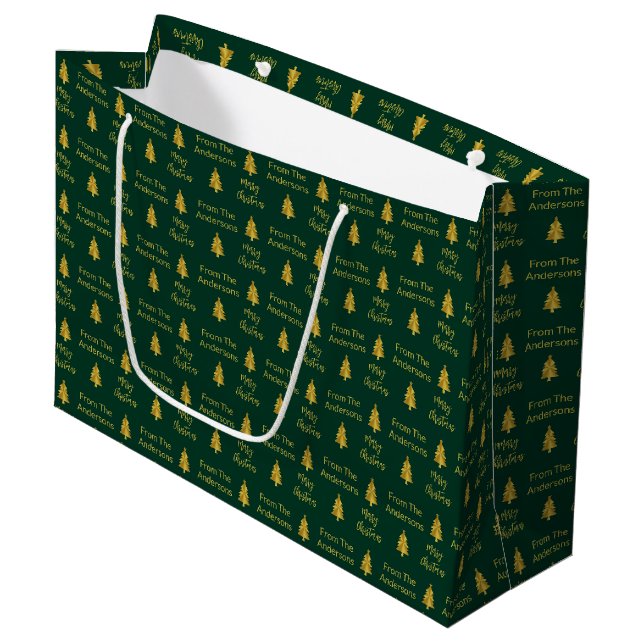 Frohe Weihnachtsbaumen dunkelgrüner und goldener T Große Geschenktüte (Vorderseite Schrägansicht)