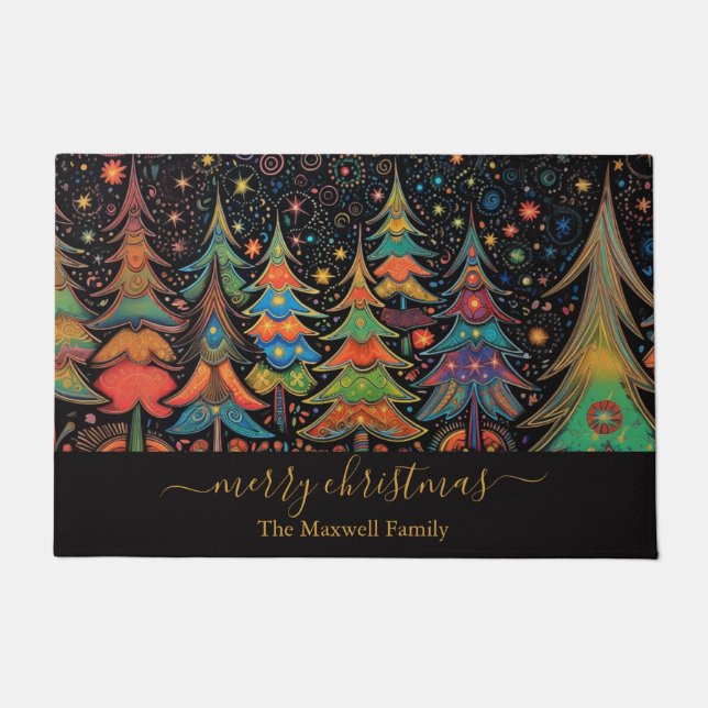 Frohe Weihnachtsbaumen farbenfroher Familienname Fußmatte (Vorderseite)