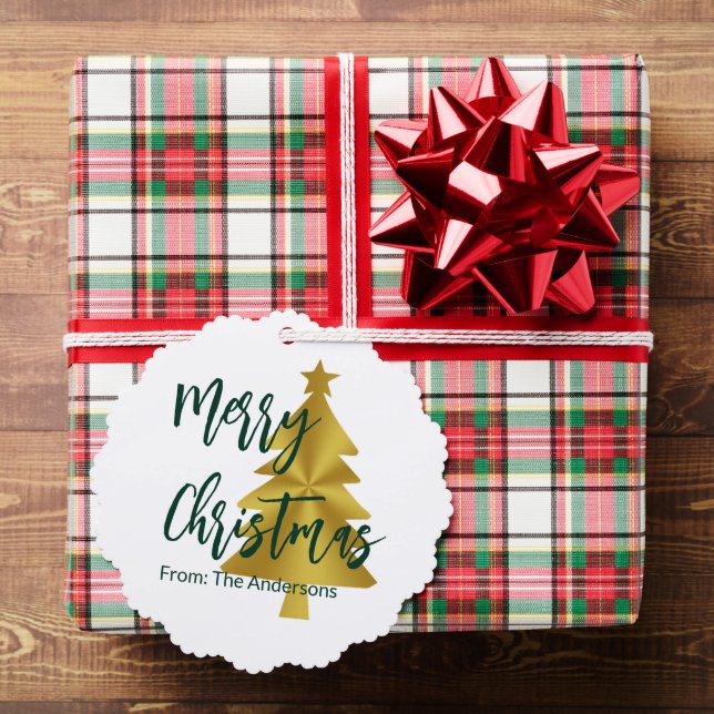 Frohe Weihnachtsbaumen grünes Gold-Script aus Name Ornament Karte (Insitu (Geschenk))