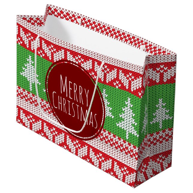 Frohe Weihnachtsbaumen Nordic Pattern Große Geschenktüte (Vorderseite Schrägansicht)