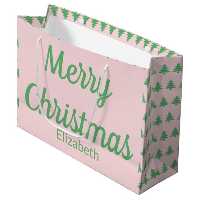 Frohe Weihnachtsbaumen Rosa und grüner Text Name Große Geschenktüte (Vorderseite Schrägansicht)