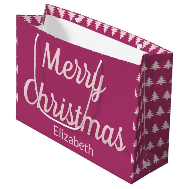 Frohe Weihnachtsbaumen Tief rosa und blassrosa Nam Große Geschenktüte (Vorderseite Schrägansicht)