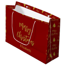 Frohe Weihnachtsbaumen Tief Rot und Gold Name Text Große Geschenktüte