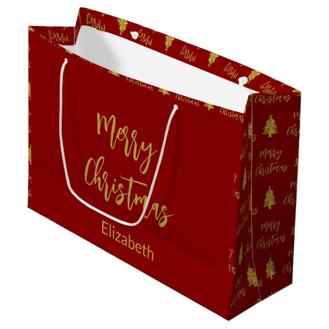 Frohe Weihnachtsbaumen Tief Rot und Gold Name Text Große Geschenktüte (Vorderseite Schrägansicht)