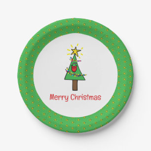 Frohe Weihnachtsbaumfolge von Lichtern Ornamente Pappteller