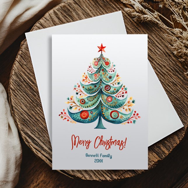 Frohe Weihnachtsbaumkarte der Familie Einladung (Simple, beautiful, unforgettable 🎄 Watercolor Scandinavian Christmas magic!)