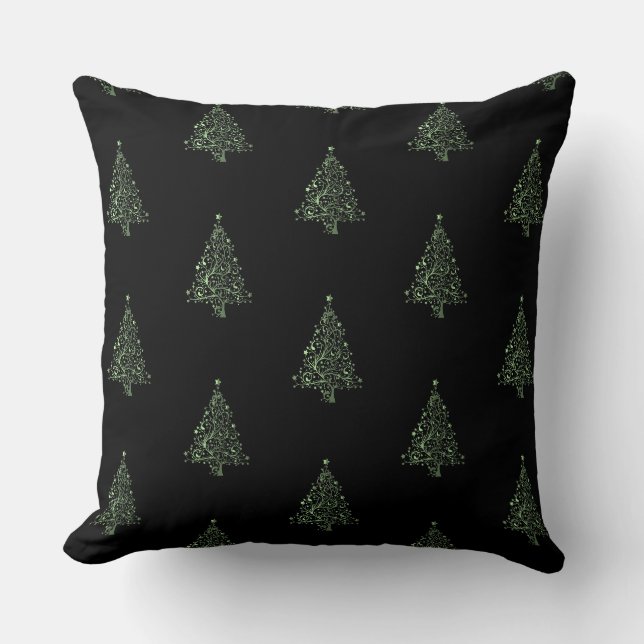 Frohe Weihnachtsbaummuster Schwarze Metallic Green Kissen (Vorderseite)