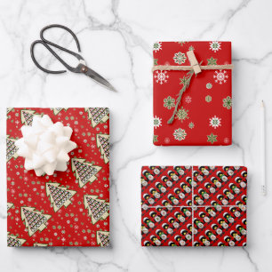 Frohe Weihnachtsbaumpinguine & Schneeflocken Geschenkpapier Set
