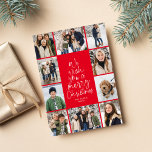 Frohe Weihnachtsbaumspass 10 Foto Collage rot Feiertagskarte<br><div class="desc">Wir wünschen Ihnen frohe Weihnachten! Diese Urlaubsfotokarte enthält eine klassische Nachricht in einer lustigen Weihnachtsbaumform auf festlichem rotem Hintergrund. Mit einer Collage von 10 Fotos auf der Vorderseite, ist es eine großartige Möglichkeit, Weihnachtsjubeln an Freunde und Familie zu schicken. Die spielerische Typenbearbeitung ist wie ein Weihnachtsbaum geformt und mit schneebedeckten...</div>