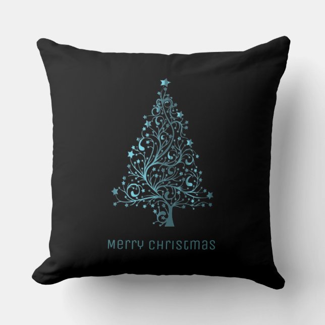 Frohe Weihnachtsbaumsteine Black Metallic Blue Kissen (Vorderseite)