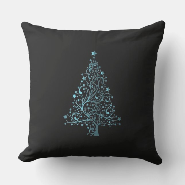 Frohe Weihnachtsbaumsteine Black Metallic Blue Kissen (Vorderseite)