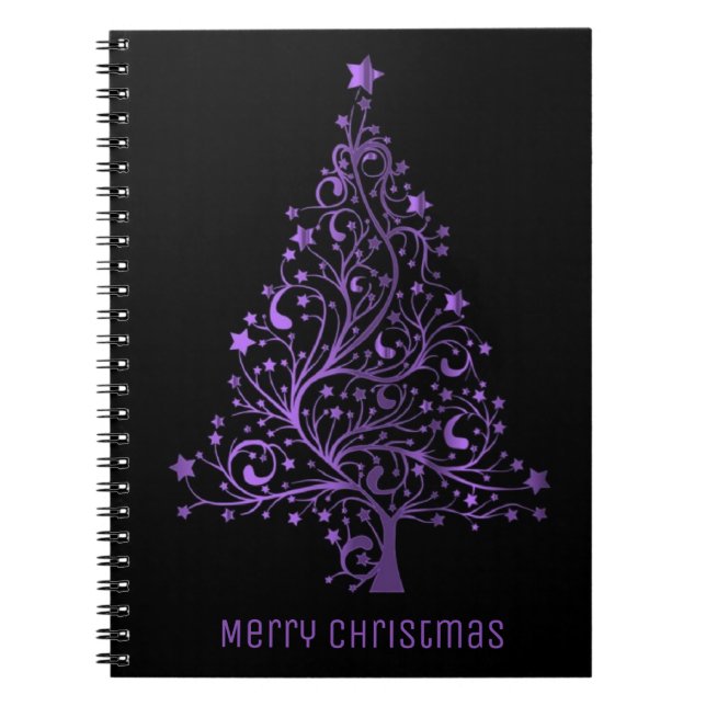 Frohe Weihnachtsbaumsteine Black Metallic Lila Notizblock (Vorderseite)