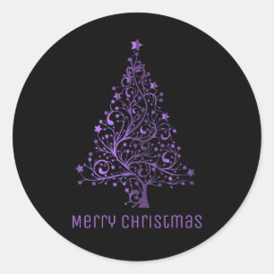 Frohe Weihnachtsbaumsteine Black Metallic Lila Runder Aufkleber