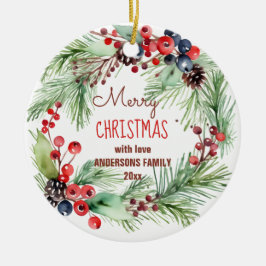 Frohe Weihnachtsbeeren Kiefer Foto Keramik Ornament