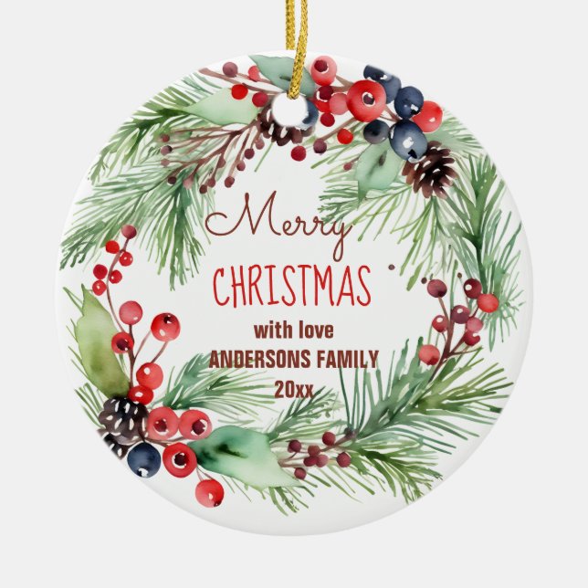 Frohe Weihnachtsbeeren Kiefer Foto Keramik Ornament (Vorne)