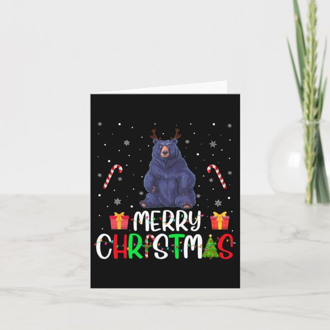 Frohe Weihnachtsbeleuchtung Bear Reindeer Hat Xmas Karte (Vorderseite)