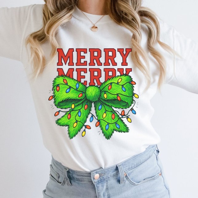 Frohe Weihnachtsbeleuchtung Grüner Bow Urlaub Sweatshirt (Merry Merry Christmas Sweatshirt Green Bow with Christmas lights. Festive Gift for her, mom)