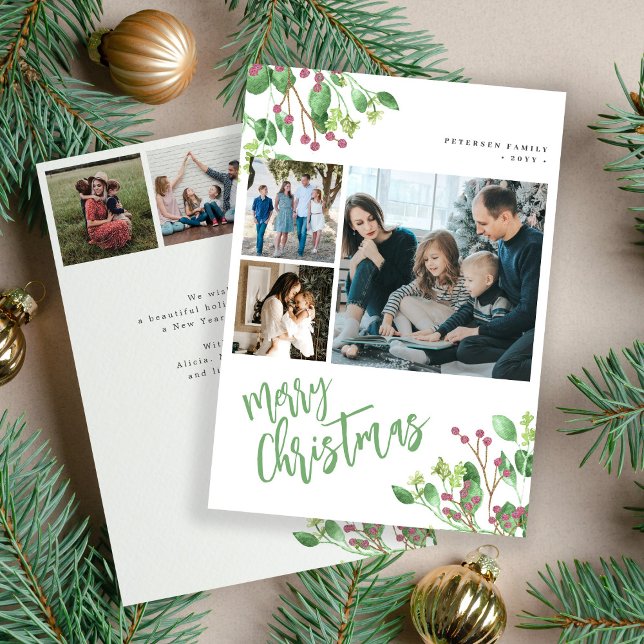 Frohe Weihnachtsberry-Blätter-Multi-Foto Feiertagskarte (Von Creator hochgeladen)