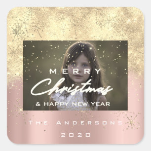 Frohe Weihnachtsbezeichnung Gold Snow Glitzer Foto Quadratischer Aufkleber