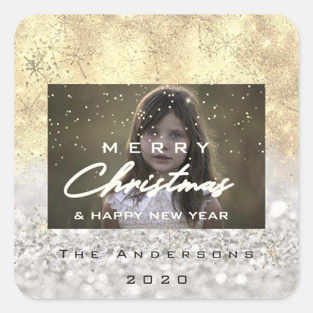 Frohe Weihnachtsbezeichnung Gold Snow Glitzer Foto Quadratischer Aufkleber (Vorderseite)