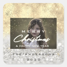 Frohe Weihnachtsbezeichnung Gold Snow Glitzer Foto Quadratischer Aufkleber