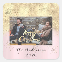 Frohe Weihnachtsbezeichnung Gold Stars Glitzer Fot Quadratischer Aufkleber