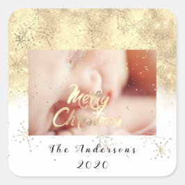 Frohe Weihnachtsbezeichnung Gold Stars Glitzer Fot Quadratischer Aufkleber