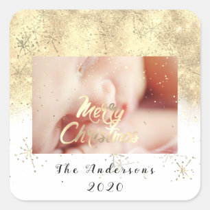 Frohe Weihnachtsbezeichnung Gold Stars Glitzer Fot Quadratischer Aufkleber