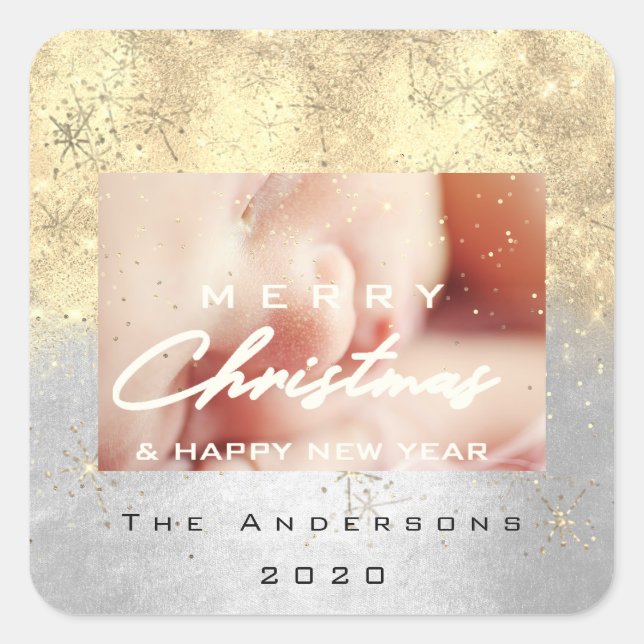 Frohe Weihnachtsbezeichnung Gold Stars Glitzer Fot Quadratischer Aufkleber (Vorderseite)