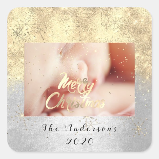 Frohe Weihnachtsbezeichnung Gold Stars Glitzer Fot Quadratischer Aufkleber (Vorderseite)