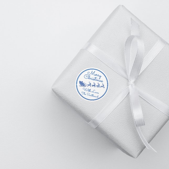 Frohe Weihnachtsbezeichnung Gray Sleigh Santa Deer Runder Aufkleber (Merry Christmas Name Gray Sleigh Santa Deer White Classic Round Sticker)