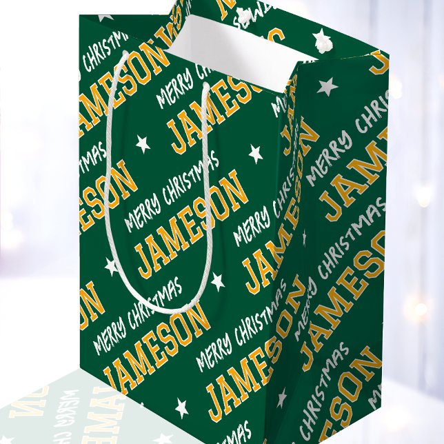 Frohe Weihnachtsbezeichnung Typografie Grün Gelb Mittlere Geschenktüte (Von Creator hochgeladen)