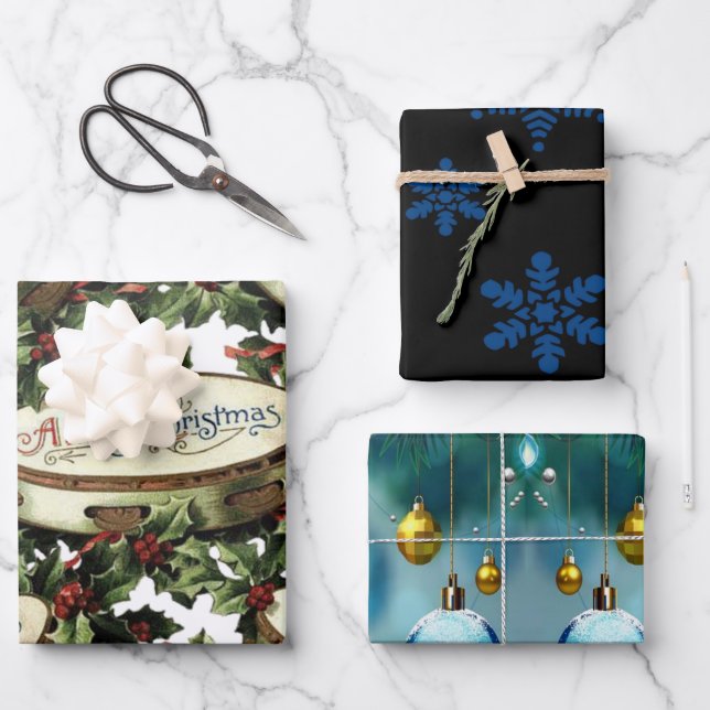 Frohe Weihnachtsblätter Wrapping Paper Geschenkpapier Set (Vorderseite)