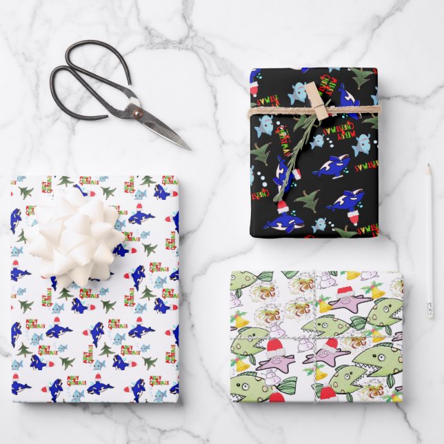 Frohe Weihnachtsblätter Wrapping Paper Shark Geschenkpapier Set (Vorderseite)