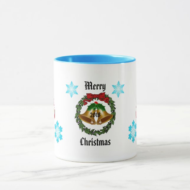 Frohe Weihnachtsbohe, Kranz, Glocken und Schneeflo Tasse (Zentrum)
