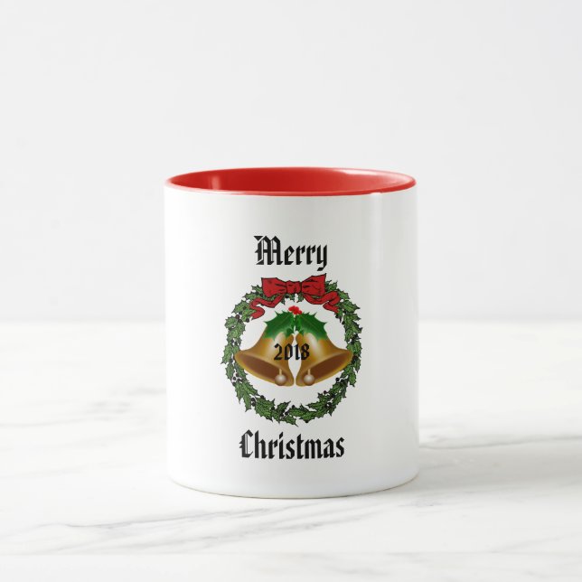 Frohe Weihnachtsbohe, Kranz und Glocken Tasse (Zentrum)