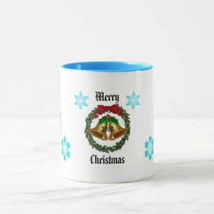 Frohe Weihnachtsbohne, Kranz, Glocken und Schneefl Tasse