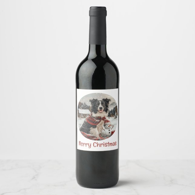 Frohe Weihnachtsborder Collie Dog Snowman Weinetikett (Vorderseite)