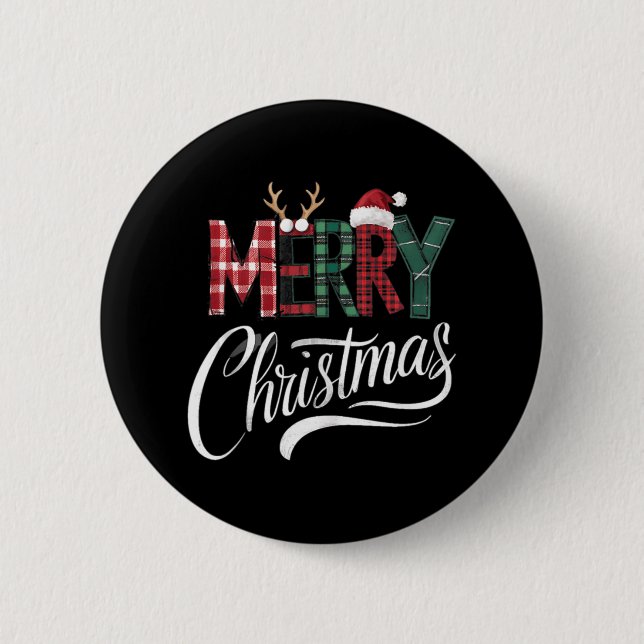 Frohe Weihnachtsbüffel Schwarz und Weiß Kariert fü Button (Vorderseite)
