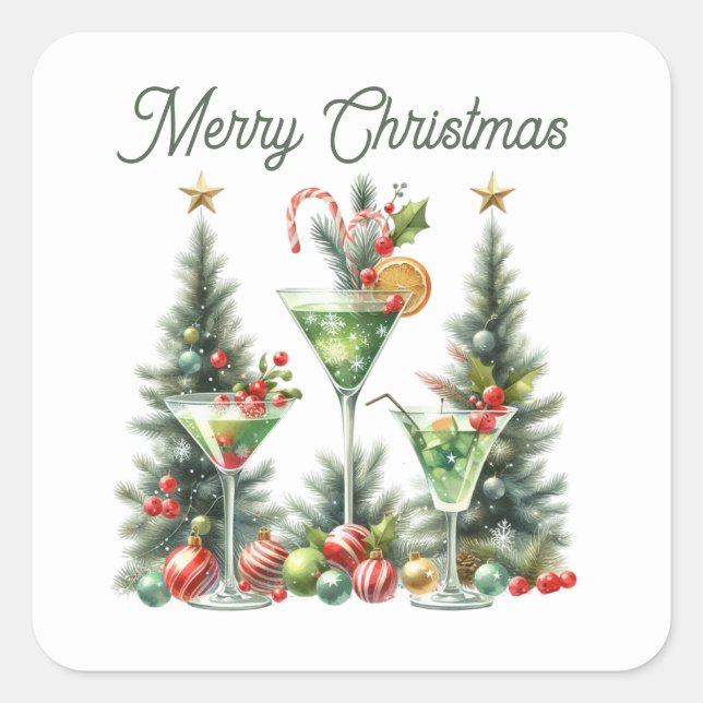 Frohe Weihnachtscocktails Urlaub Quadratischer Aufkleber (Vorderseite)