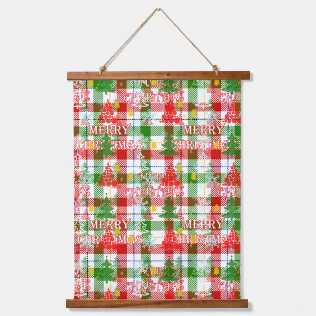 Frohe Weihnachtsdekoration Kariert Tartan Wandteppich Mit Holzrahmen (Vorderseite)