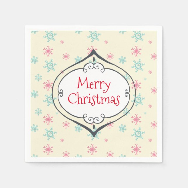 Frohe Weihnachtsdekoration Rosa & Blau Schneeflock Serviette (Vorderseite)