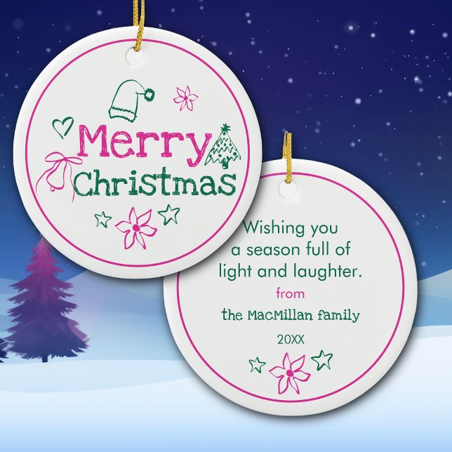 Frohe Weihnachtsdoodles Pink & Green Personalisier Keramik Ornament (Von Creator hochgeladen)