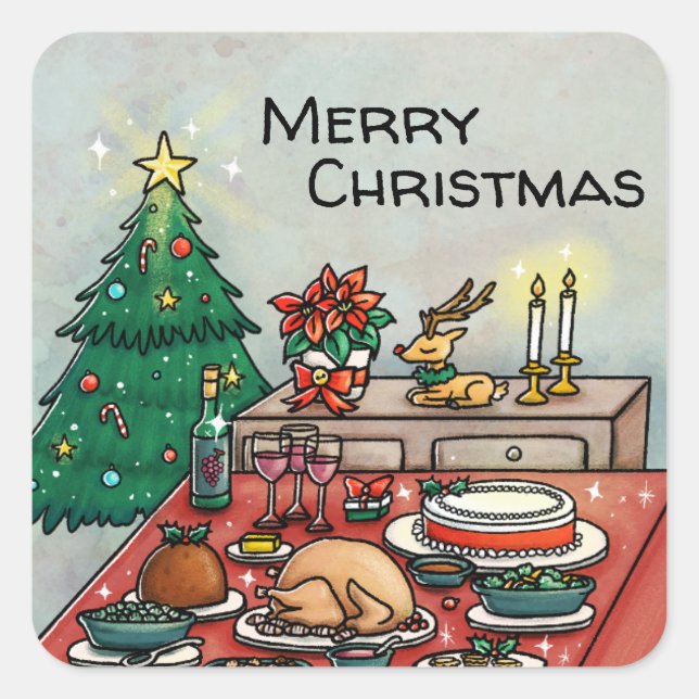 Frohe Weihnachtsessen Quadratischer Aufkleber (Vorderseite)